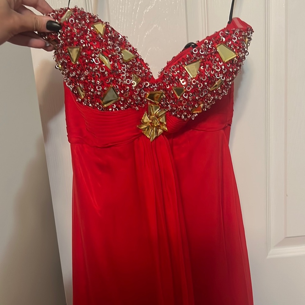 Red strapless prom dress